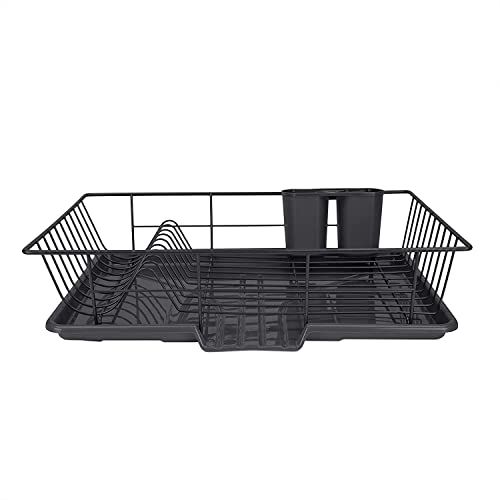 JOEY'Z Extra Large Black 3 Piece Dish Rack Sink Set with Removable Drainboard & Utensil Holder - Heavy Duty Coated Wire - 19" x 12" x 5"