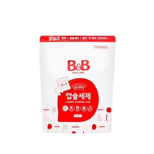 B&B, Korea's #1 Baby Household Brand - Baby Detergent Pods, 3-in-1 Detergent & Fabric Care, Mild Allergen-Free Fragrance, Hypoallergenic, Natural Ingredients, Stain Removing, Indoor Drying, 30 Pods