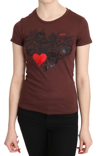 T-shirt Exte Chic Brown Hearts à manches courtes pour femme, coupe classique