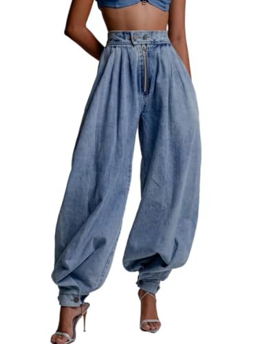NIFTRIRY High Waisted Zipper Up Baggy Jeans Women Trousers Wide Leg Jeans Woman