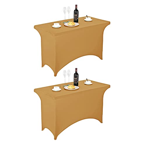 Image of FORLIFE Spandex Table Covers - Fitted 4ft Rectangular Tablecloth, Stretch Patio Table Cover for Wedding, Banquet, Party (Gold)
