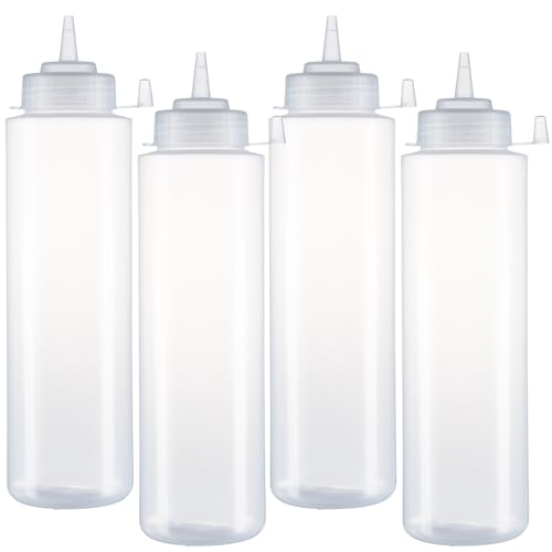 HR Hogar - Botella de Salsas Exprimible - 4 Piezas de 750 mL - Dispensadores Reutilizables y Reciclables | Fabricado en España | Biberón Cocina Sin BPA con Tapón Antifugas Sin Goteo (Transparente)