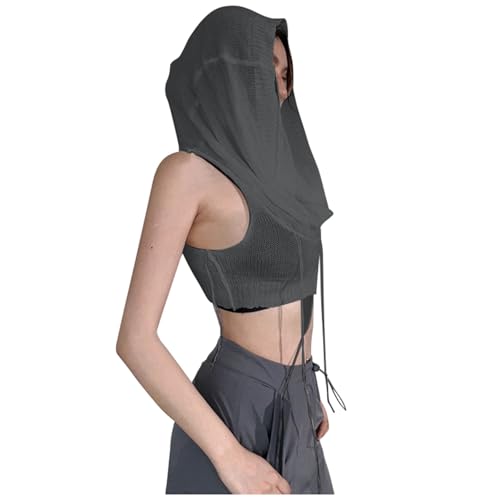 Generisch 2025 - Jersey corto de punto sin mangas con capucha de color sólido de moda para mujer chalecos de punto para mujer, gris, S