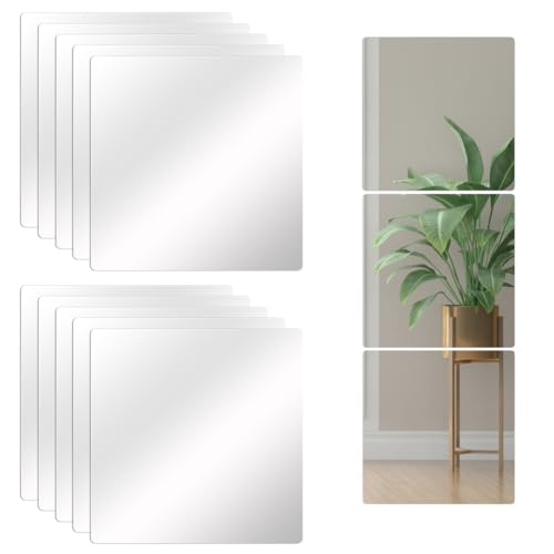 DODUOS 10PCS 20×20cm Stick on Mirror, Self Adhesive Mirror, Acrylic Mirror Sheet Acrylic Mirrors, Full length Square Mirrors Tiles Self Adhesive for Walls for Living Room Bedroom Hallway