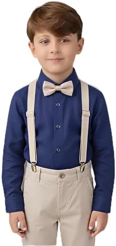 Conjunto Social Manga Longa Azul Marinho Calça Infantil Bege Masc...