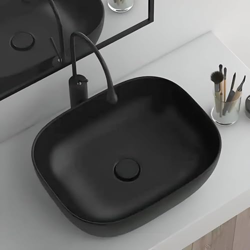 Image of OSOSAM Premium Designer Table Top Ceramic Wash Basin /Vessel Sink with Slim Rim for Bathroom (18 x 13 x 5.5 Inch) (Black)