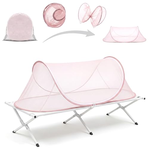 Image of Large Pop up Mosquito Net for Camping Portable Foldable Mosquito Tent Bug Net Bed Travel Patio Outdoor 78 x 31 x 22 Inch Bug Netting Mesh Tent Canopy for Adults Baby Bedroom, Pink