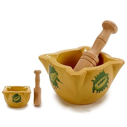 Mortero de Cerámica Amarillo con Mano de Madera de 16cm, Diseño Tradicional con Decoración Verde (13cm)