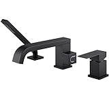 RIGOBAL Deck Mount Tub Faucet with Sprayer Black Bahtub Filler with Diverter Handheld Shower High Flow Rate 11.9GAL Waterfall Faucets 3 Holes