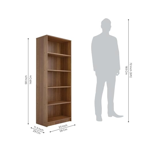 Image of NEUDOT Bravo Engineered Wood 5-Shelf Open Bookshelf Cabinet | Book Rack Organizer for Decor & Display | Floor-Standing Bookcase for Home, Office & Library | Leon Teak Finish