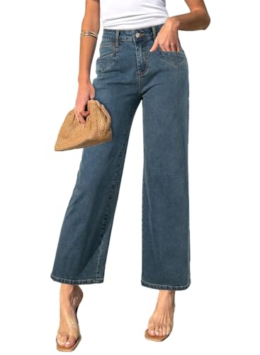 Sidefeel Jeans for Women Wide Leg High Waisted Stretchy Jeans Straight Leg Zimbaplatinum Ankle Denim Pants with Slant Pockets Blue Size 12