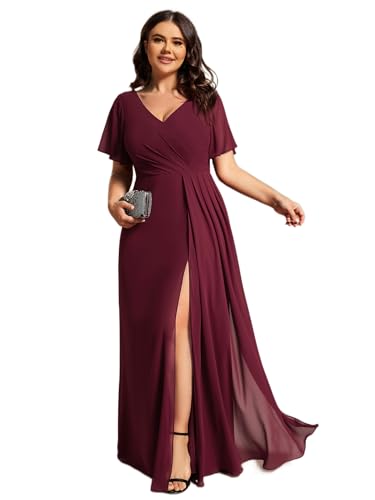 Ever-Pretty Plus Women's V Neck Chiffon Ruched Ruffles Sleeves Side Slit Floor Length Plus Size Bridesmaid Dresses S0050-DA