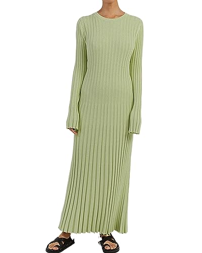 Acrawnni Maxikleid für Damen, gerippt, langärmelig, Rundhalsausschnitt, schmale Passform, figurbetont, Bleistiftkleid, langes Kleid, Party,...