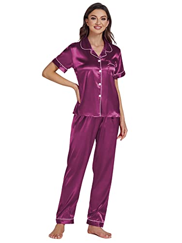 Lyaner Women’s Satin Button Down 2 Pieces Pajamas Set Short Sleeve Collared Sleepwear Pjs Loungewear Nightwear With Long Pants Purple Medium #TOP5
