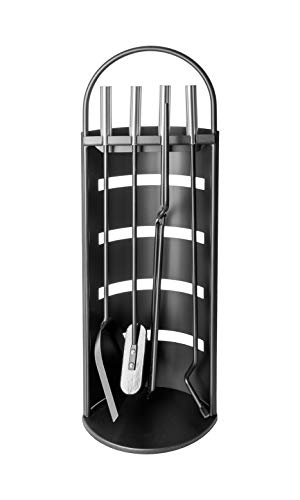 ADGO Set da Camino Attrezzi da Caminetto Stufa Camino 5 pezzi: Supporto, Poker, Spatola, Spazzola, Pinze, Acciaio Inossidabile Forgiato in Metallo Moderno, Nero e Argento