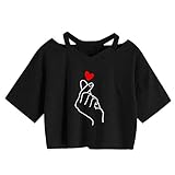 YEBIRAL Damen Crop Top, Teenager Mädchen Brief Drucken Bauchfrei Oberteil Pullover Kurzarm T-Shirt Sweatshirt Kurz Sport Rundhals Tops Shirt Hemd Bluse