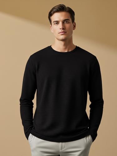 Image of Nobero Ottoman Texture Full Sleeve T-Shirt for Men | 240 GSM Regular fit Tshirt for Men | Casual Wear