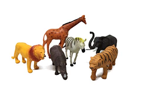 THE UM24 Animal World Toy Wild Animals Figures, Large Size 6 Piece Assorted Styles, Elephant Giraffe Hippo Tiger Zebra and Lion