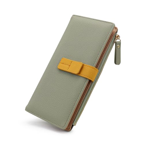 Wallet for Women, Ladies Leather Slim Wallets Card Holder, Large Capacity Bifold Clutch Purse with Zipper Pocket (Green)