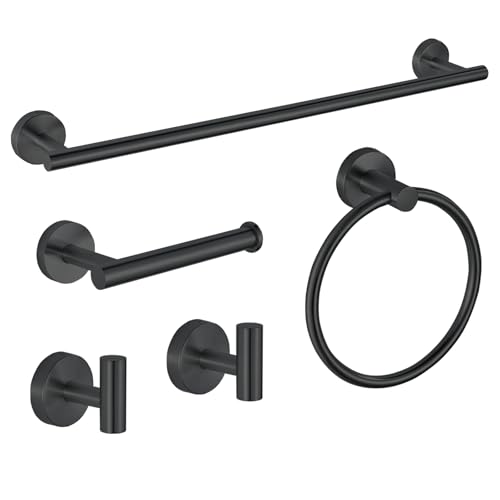 Juego de Accesorios de baño Negro, 5 Piezas SUS304 de Acero Inoxidable de 24 Pulgadas, Soporte para Papel higiénico, Anillo de Toalla, Ganchos para Bata, Accesorios de baño montados en la Pared para