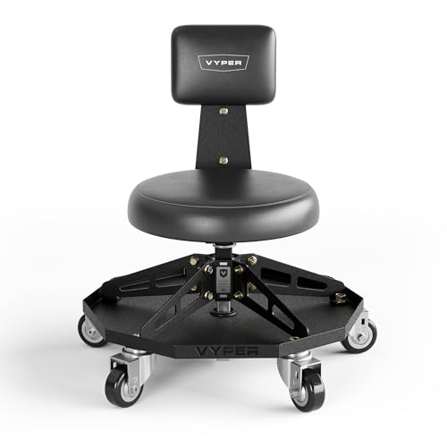 Vyper Robust Steel Sport Shop Chair for Mechanics, Automotive, DIY - 300 lb Capacity Garage Stool with Backrest and Large Wheels, Shop Stool (Black Seat, Black Frame) -  Vyper Industrial, RSS