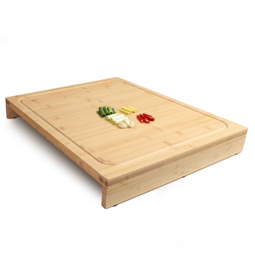 BAMOTTO CRAFTBAMBOO 18.1x21.3 Inch Large Bamboo Cutting Board with 2 Detachable Support Panels, Reversible, Kitchen Countertop Dishwasher Cover & Over Sink, Tray and Carving Board