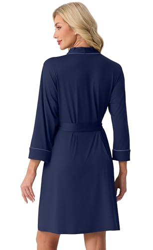 Image of PrinStory Womens Robe Knee Length Soft Knit Bathrobe S-2XL | V-Neck 3 /4 Sleeve Robes with Pockets, Lightweight, Breathable Bath Robe for Shower, Spa, Travel, Home, Party, Nursing