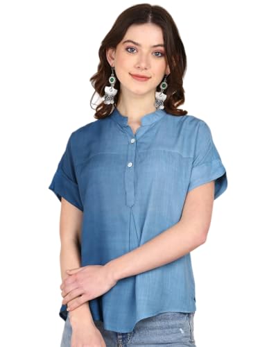 Image of Maaesa Women Handmade Regular Fit Tie-Dye Rayon Top | Casual Wear & Office Wear | Short Sleeve | Mandarin Neck | Lightweight & Breathable Fabric