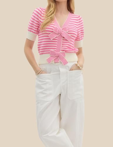Image of InterNos Womens Bow Front Short Sleeves Sweater Classic Striped V Neck Cropped Knit Pullover Tops