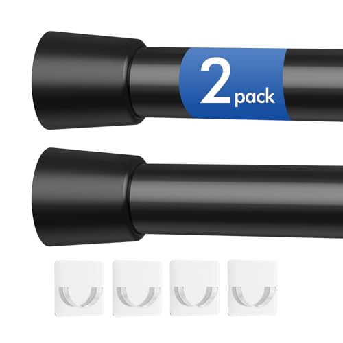 Image of Corklatta 2 Pack Black Tension Curtain Rods Adjustable 16-39 Inch, Tension Rod with 4 Holders,No-Drill Curtain Rods for Window, Kitchen, Bathroom