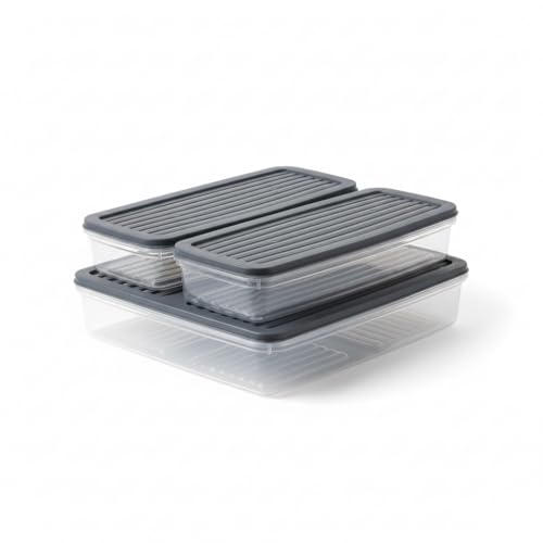 3'lü Slim Buzdolabı ve Derin Dondurucu Saklama Kabı Seti, 1 Büyük (28 cm) ve 2 Küçük (27 cm) İnce Uzun Erzak Kutusu, Gri ve Beyaz Kapaklı Mutfak Düzenleyici (GR İ- 3'lü Set)
