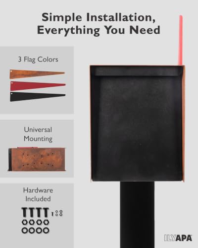 Image of Ilyapa Modern Mailbox for Post Mount - Corten Steel Rusted Finish with Black Door Powder Coated Steel, with Recessed Magnetic Close Door
