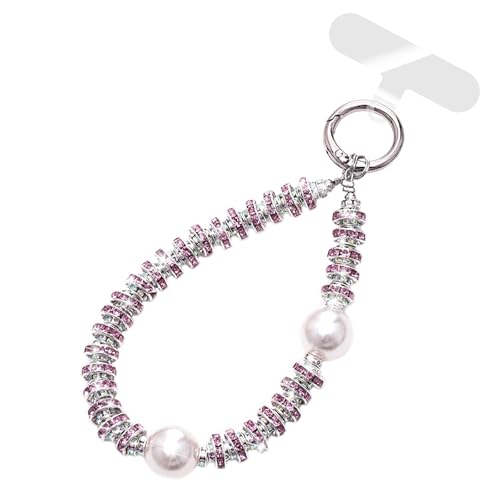 VirgoCCY Pearls Crystals Phone Charm, Luxury Bling Diamond Glitter Beaded Wrist Strap, Hanging Accessory Keychain Anti-loss Phone Lanyard Wristlet for Women Girls-Purple Pearl