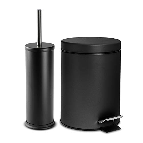Harbour Housewares 3L Bathroom Bin & Brush Set - Matte Black - 2pc Round Stainless Steel Pedal Bin & Toilet Brush Set Slim Small Trashcan for Kitchen Waste, Bathroom Rubbish