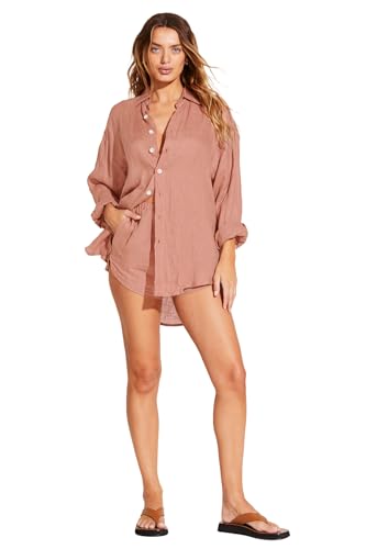 Vitamin A Women's Playa Linen Boyfriend Shirt Swimsuit Cover Up, Desert EcoLinen, Large