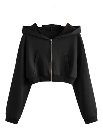 2 Pc CollectionCasual Wear Solid Crop Zipper Jacket Hooded Neck Full Sleeves Hoodie for Women