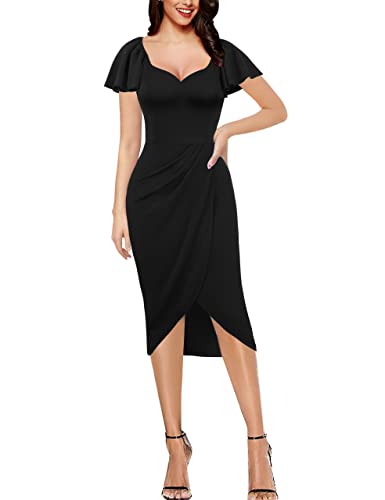 VFSHOW Womens V Neck Cocktail Ruffle Sleeve Wrap Slit Ruched Party Midi Dress Bodycon Work Business Sheath Pencil Dress2