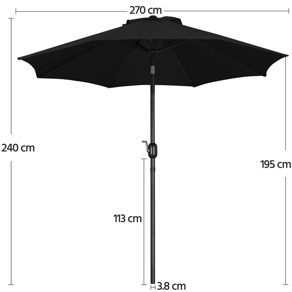 Yaheetech Ombrellone da Giardino Esterno 270 cm Portatile Parasole Protezione UV con Manovella 8 Stecche Reclinabile Telo in Poliestere Tubo in Alluminio Spiaggia Balcone Terrazzo Nero