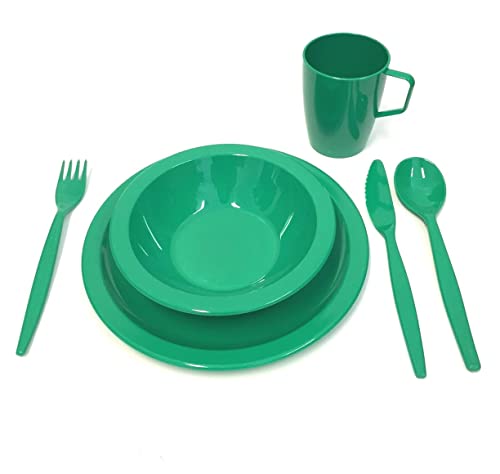 Harfield Juego de vajilla de plástico de policarbonato verde para camping, plato, cuenco, vaso y cubiertos, reutilizable, prácticamente irrompible