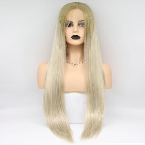 Xiweiya Long Ombre Light Blonde Straight Wig Synthetic Lace Front Wigs Side Part Wig Blonde Brown Root wig Long Soft Wig Hair Replacement Wig for Women, Drag Queen Makeup 24 inch