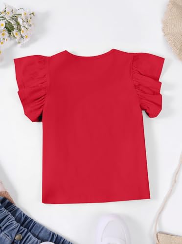 Image of Girls Striped Shirt Flutter Sleeve Top Crewneck Cute Summer T Shirts Casual Tees Red 9-10Y