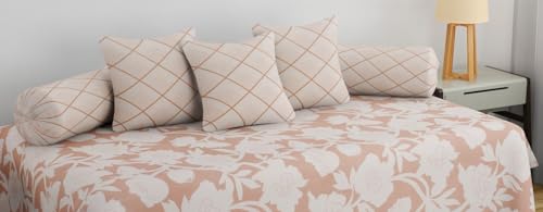 Image of Pure Soft Cotton Floral Diwan Set Covers 6 Pieces - 1 Single Bed Sheet (60 X 90) with 3 Cushion (16 X 16), 2 Bolster Covers (16 X 32) -Pink White