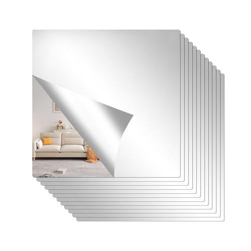 12 adesivi per specchio acrilico, piastrelle a specchio, 15 x 15 cm, specchio acrilico da incollare, specchio adesivo, pellicola specchiante autoadesiva, specchio da parete, specchietti da incollare