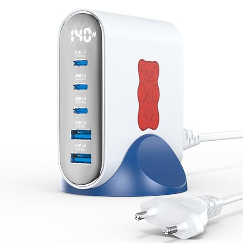 Haribo Chargeur USB-C 140W GaN 5 Ports, Chargeur Rapide PD 3.0 PPS, Adaptateur Secteur USB-C pour MacBook Pro Air, pour iPhone 17 16, Galaxy, pour Dell HP,...