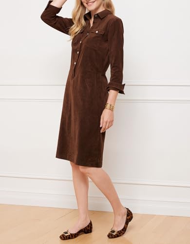 LifeShe Corduroy Shift Dress for Women Long Sleeve Button Down Lapel V Neck Midi Dress Brown