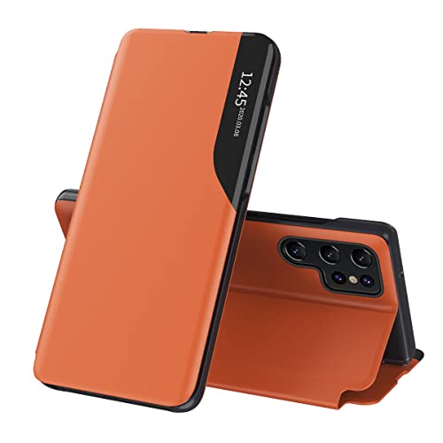 Étui fenêtres transparentes pour Samsung S23 Ultra avec fonction intelligente orange