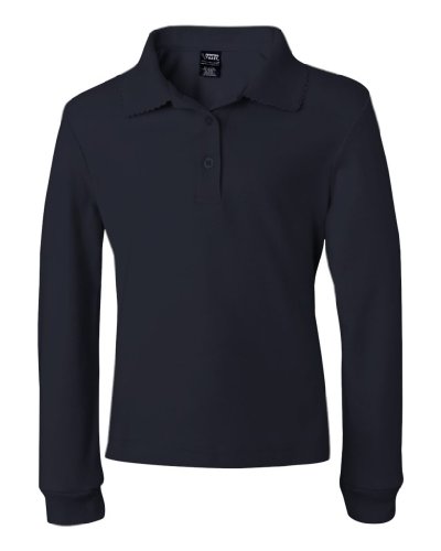 Image of French Toast Girls' Long Sleeve Polo with Picot Trim Collar (Navy, 14 /16)