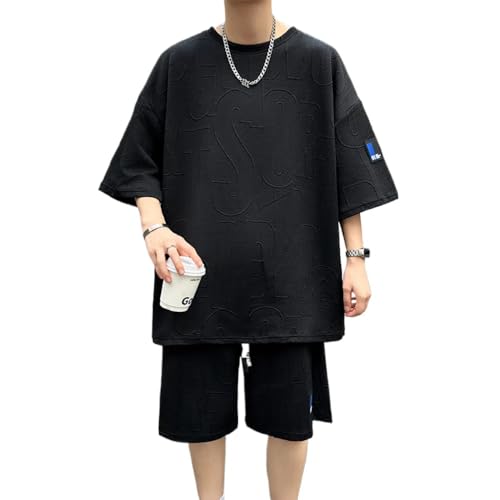 [Aaronlive] メンズTシャツ 夏 半袖 上下スーツ ゆったり カジュアル スポーツウェア 無地 メンズ スウェットシャツ 上下スーツ 大きいサイズ 吸汗速乾 家着 カジュアルウェアblack XLの商品画像（Amazon）