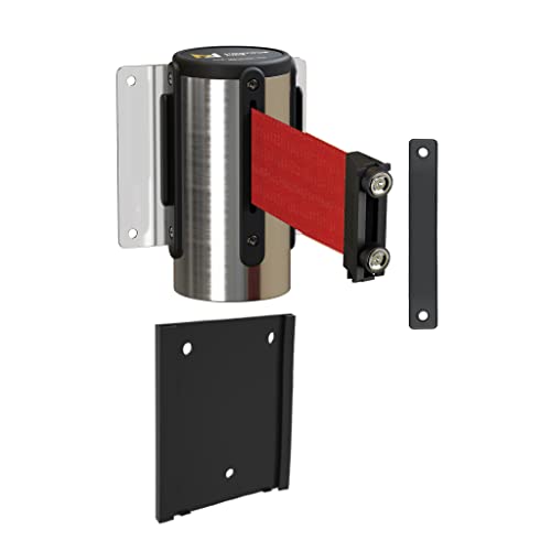 Montour Line WM115 Wall Mounted Retractable Belt Barrier with Magnetic Belt End, Removable Mount, Polished Stainless Steel Casing (13 ft Red Belt)