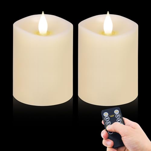 milysoek 3x4 Flickering Flameless Candles Set of 2,Real Wax LED Battery Candles,with Timer,4 inch Flameless Candles with Remote,Battery Operated Candles,for Wedding Holiday Home Decor,Ivory